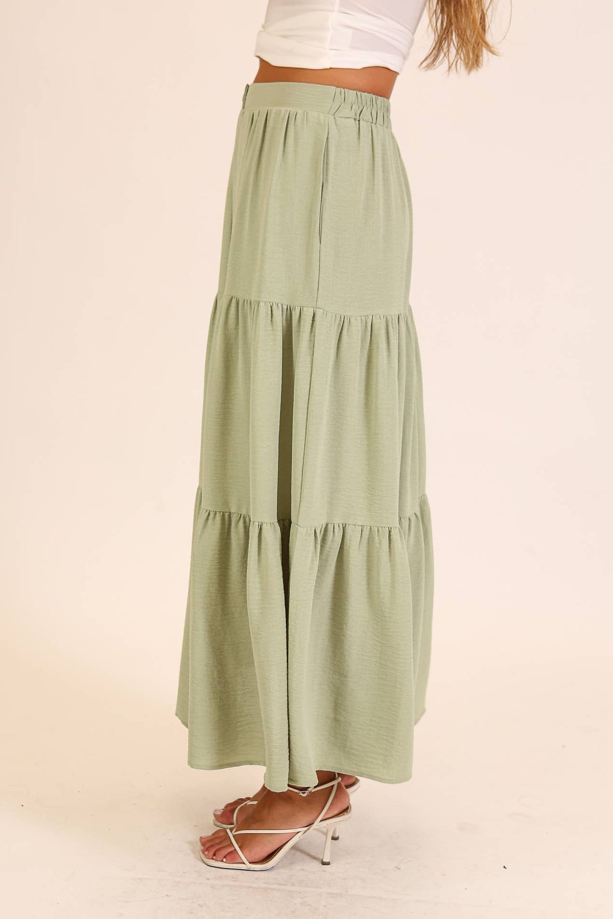 Button Front Tiered Maxi Skirt: Khaki / M