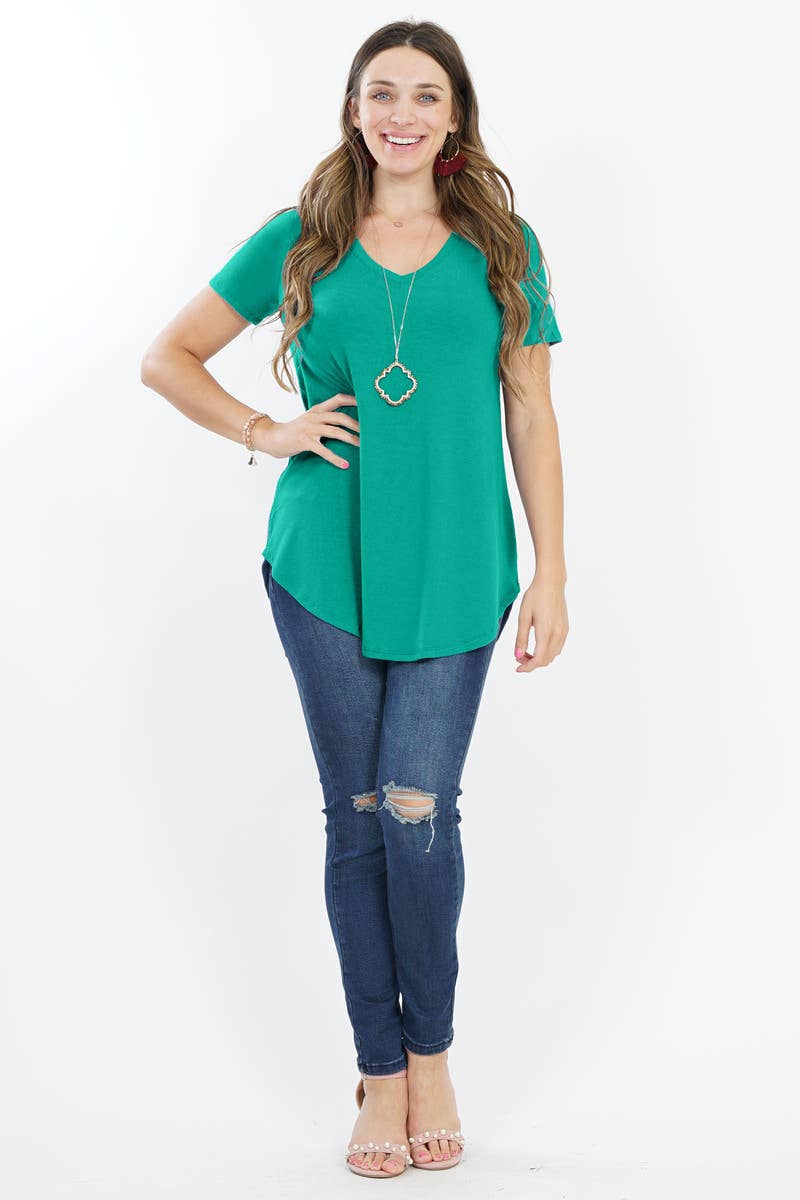 ',...[PLUS SIZE] SHORT SLEEVE V-NECK ROUND HEM TOP: MOCHA-55707 / 3X