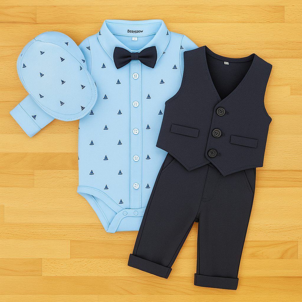 Baby Boy Blue Tuxedo 4pcs Formal Wear Outfit: