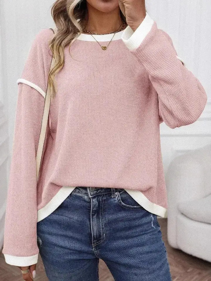 Long Sleeve Crewneck Knit Pullover for Women: Pink