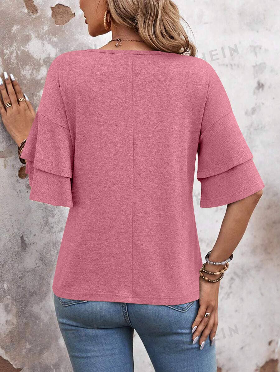 Summer V-Neck Ruffle Sleeve Loose Short-Sleeved T-Shirt: Pink