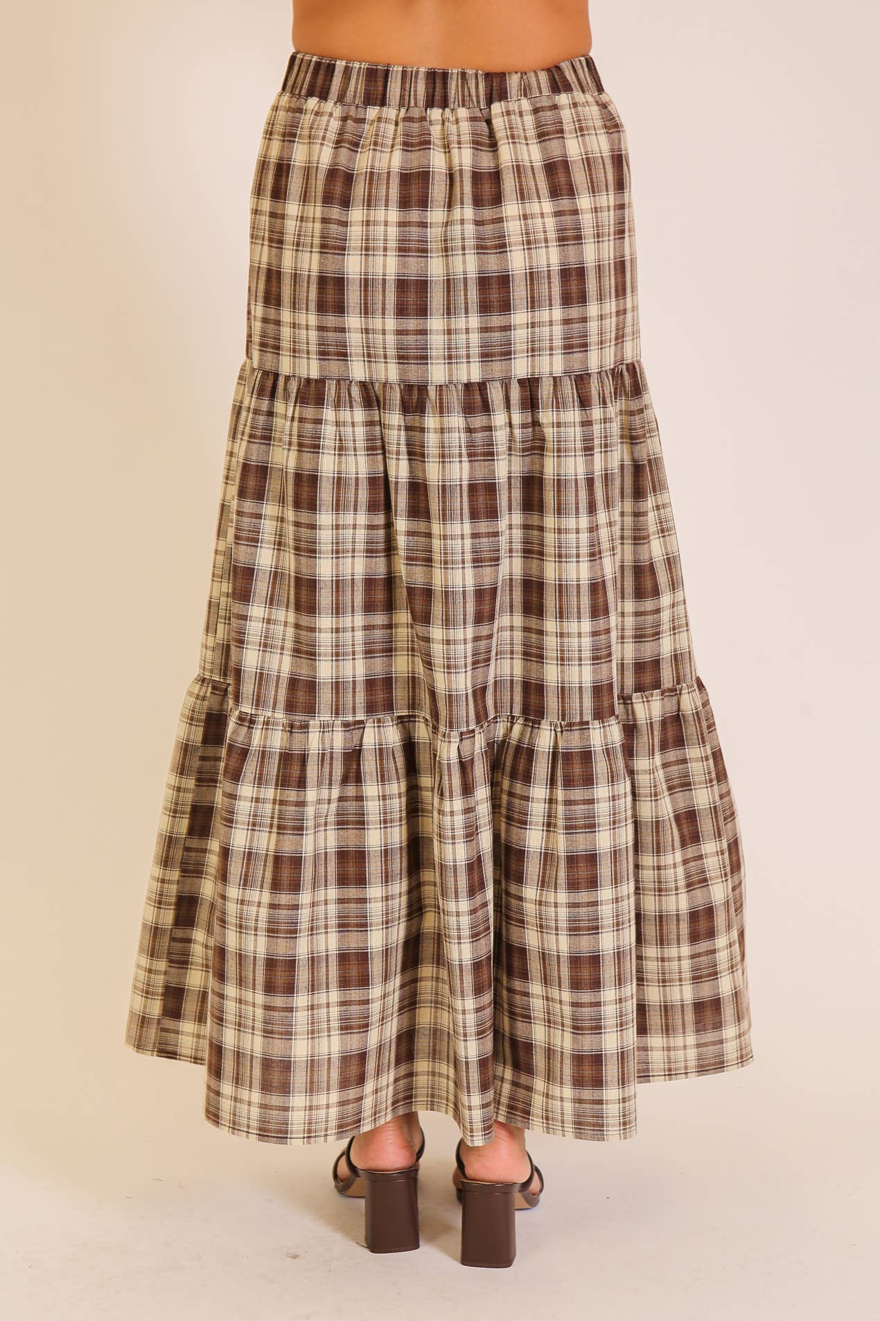 Plaid Tiered Maxi Skirt: Brown multi / S