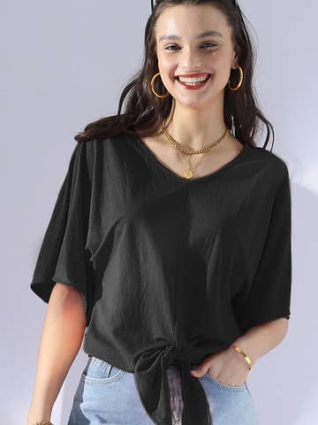 V NECK TIE UP SHORT SLEEVE CASUAL COOL TOP: Orange