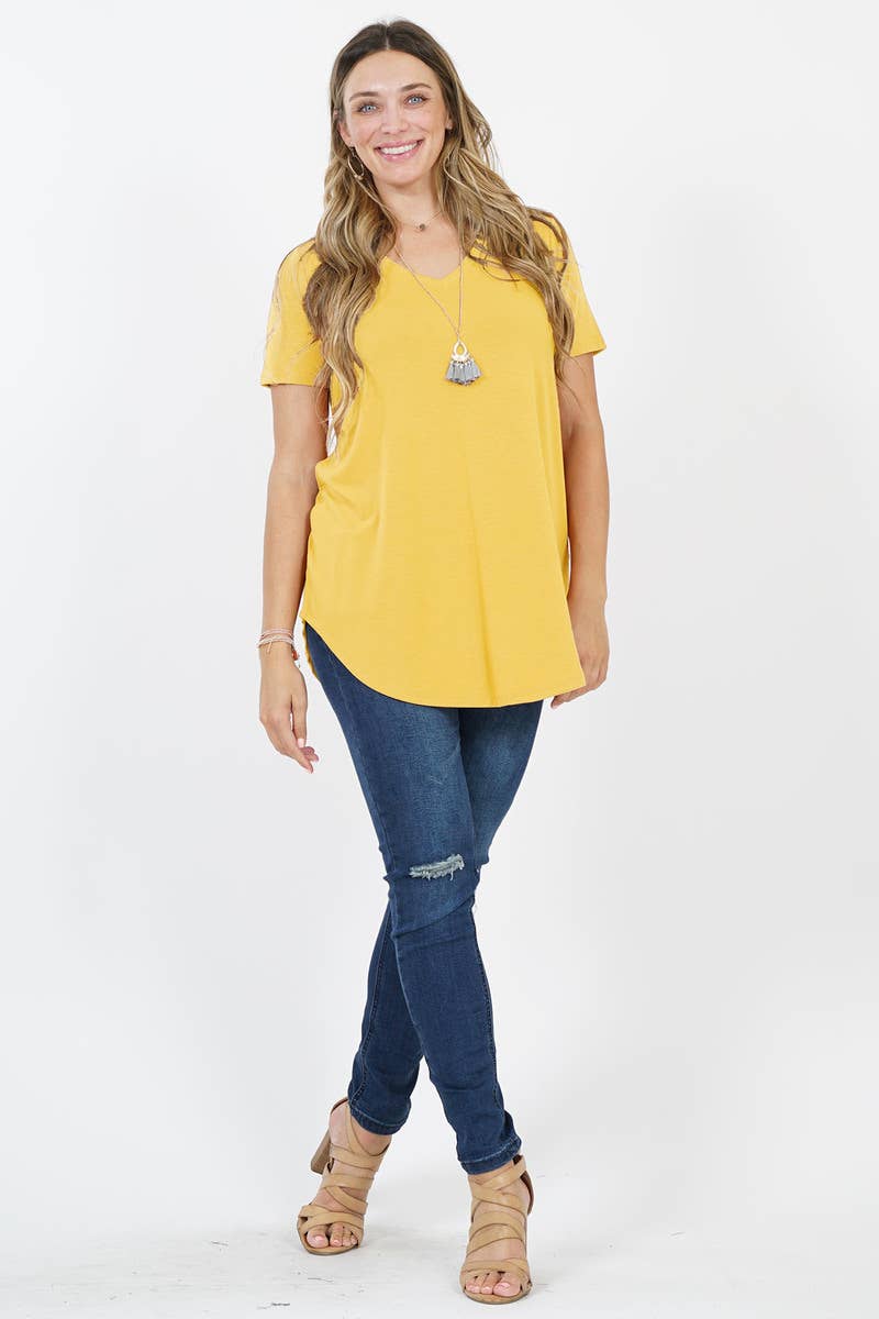 ',...[PLUS SIZE] SHORT SLEEVE V-NECK ROUND HEM TOP: MOCHA-55707 / 3X