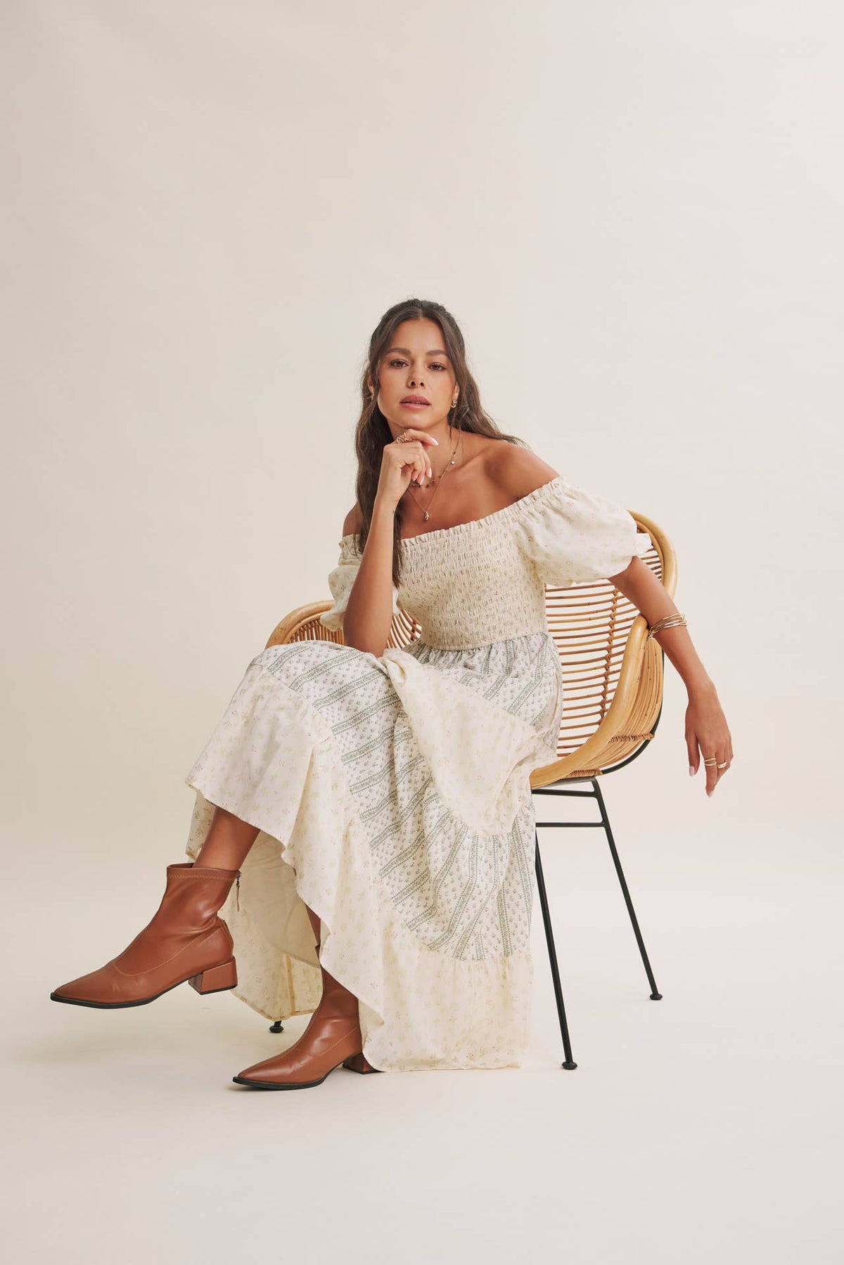 DAYDREAM PATCHWORK FLORAL SMOCKED TIERED MIDI DRESS: NATURAL/TAUPE / S