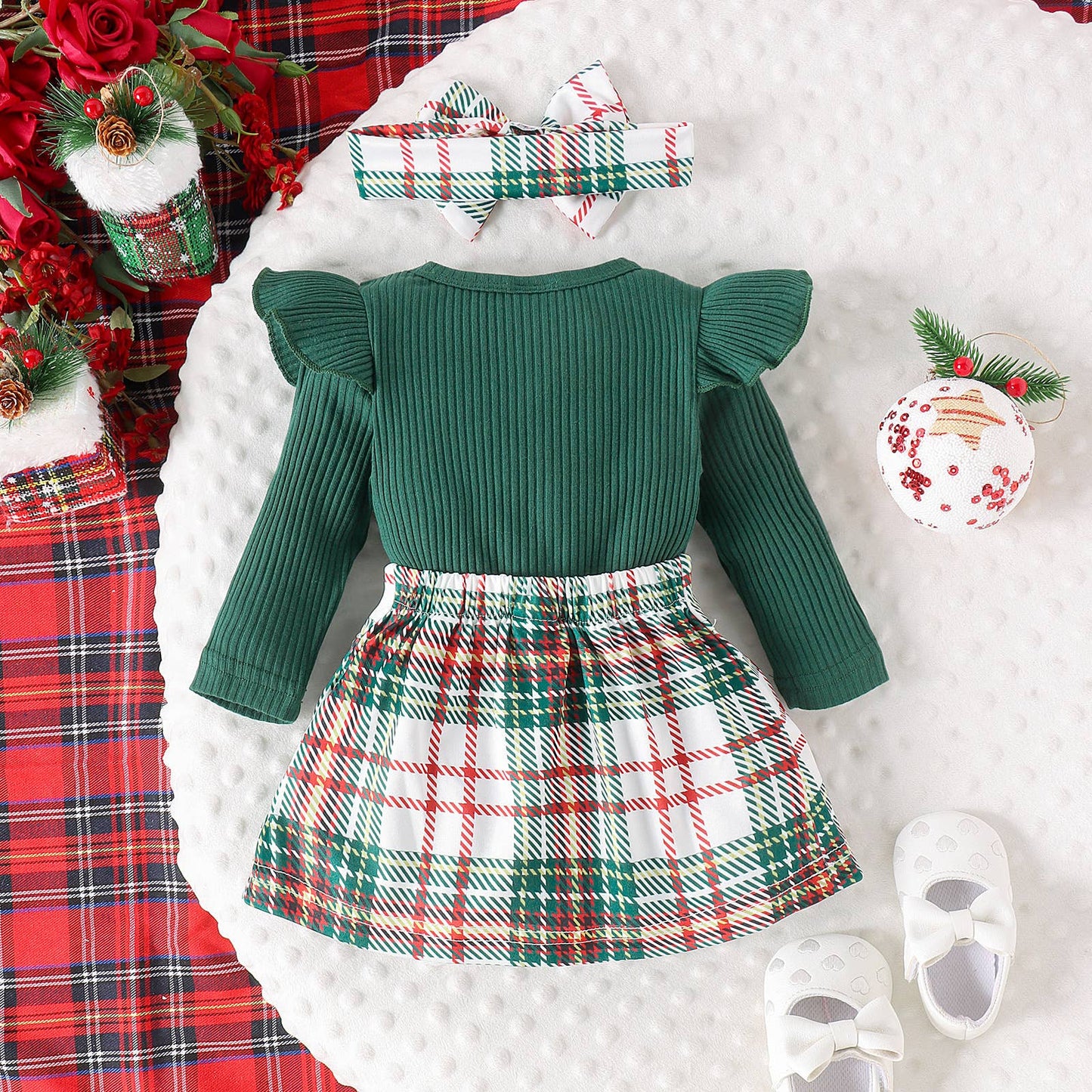 Plaid Ruffled Baby Dress & Headband: Green