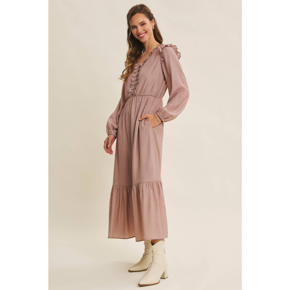 ROMANTIC TWIST OF TEXTURED BUTTON-DOWN MAXI DRESS: SILVER PINE / L