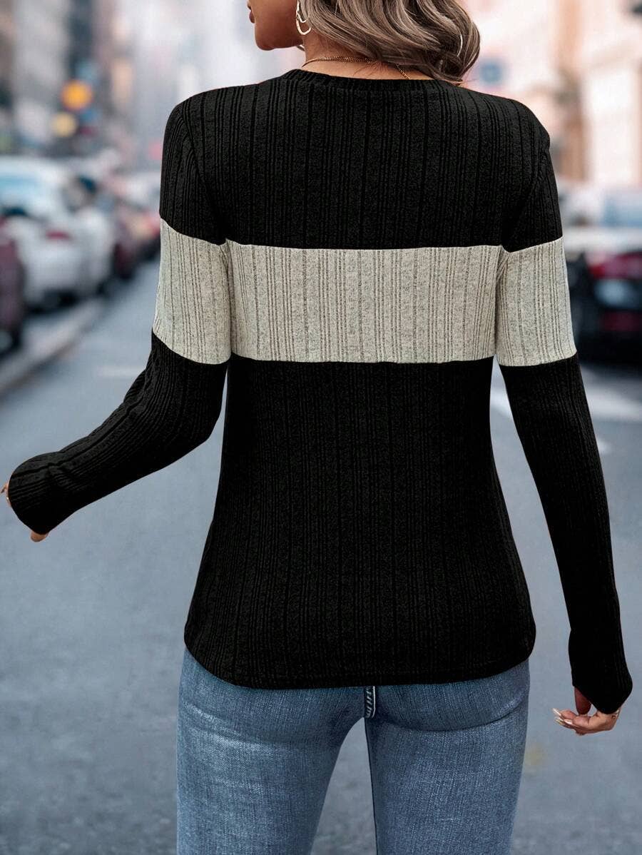 LOOSE CASUAL COLOR MATCHING PULLOVER T-SHIRT: Black and Gray
