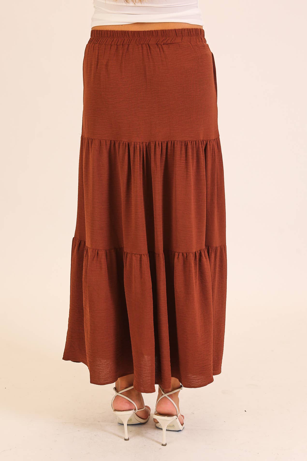 Button Front Tiered Maxi Skirt: Khaki / M