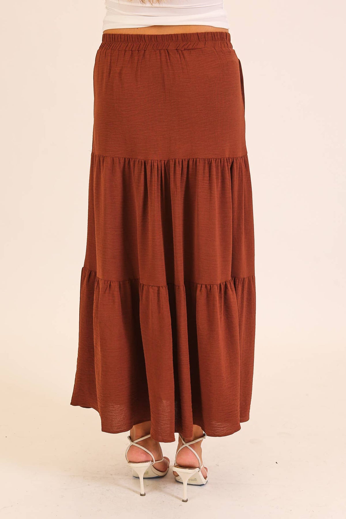Button Front Tiered Maxi Skirt: Khaki / S