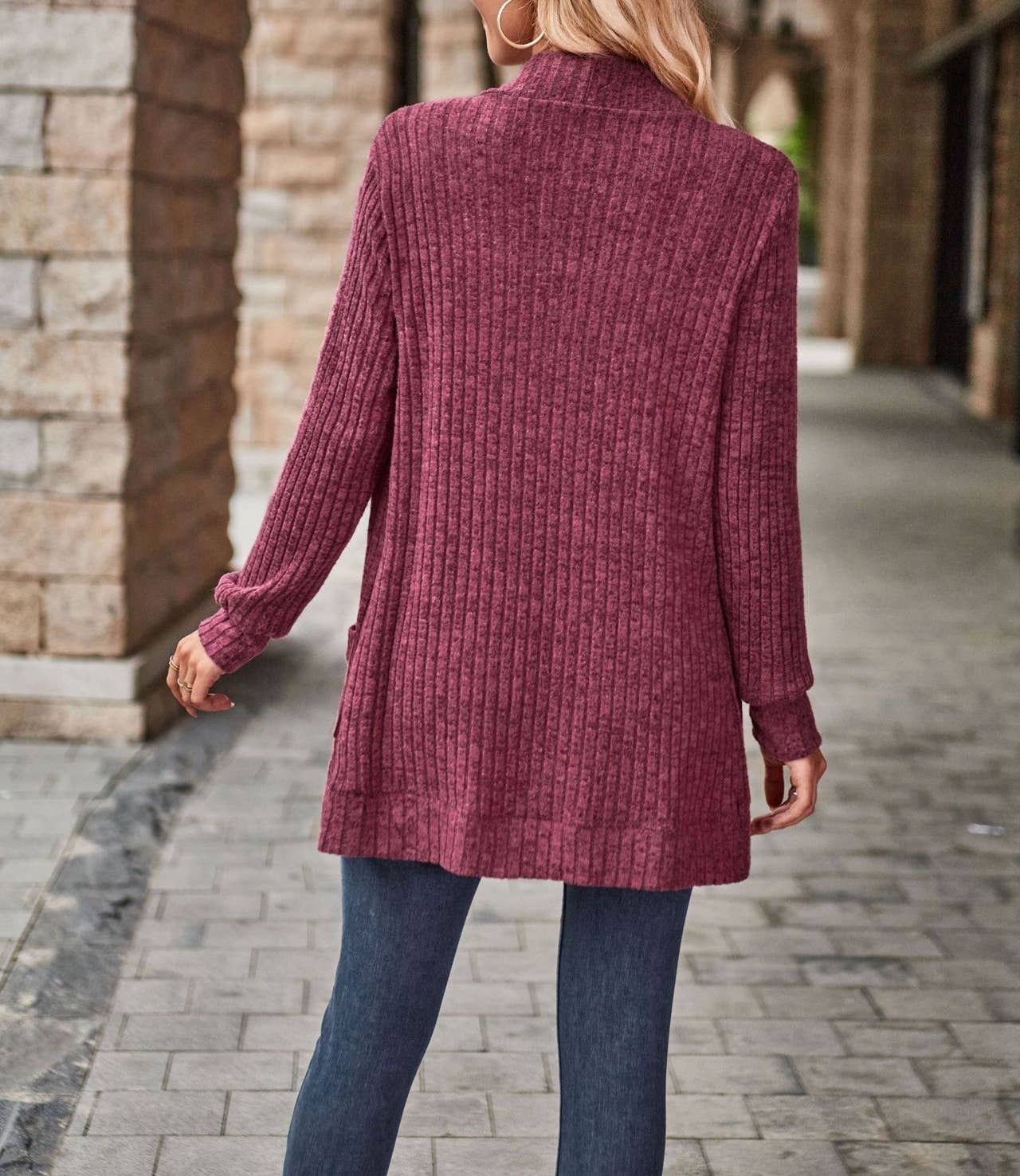 Long Front Open Long Sleeve Sweater Jacket with Pockets: Red