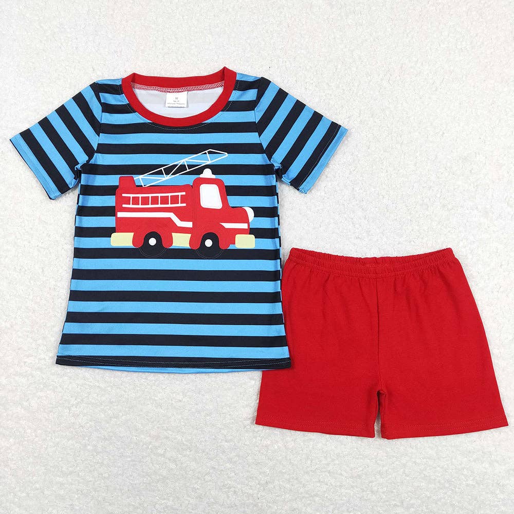 Baby Boys Short Sleeve Firetruck Shirts Shorts Rompers Brother Clothes Sets: 6-12M / Set