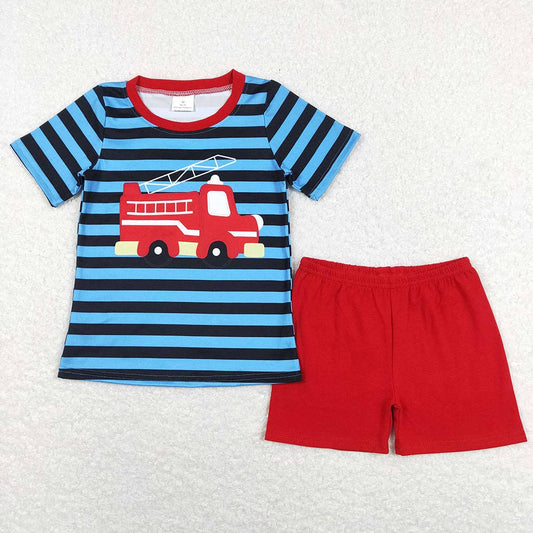Baby Boys Short Sleeve Firetruck Shirts Shorts Rompers Brother Clothes Sets: 3-6M / Set