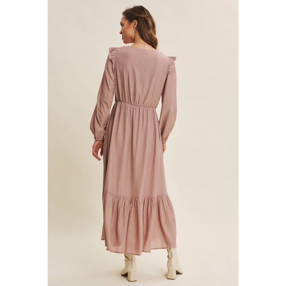 ROMANTIC TWIST OF TEXTURED BUTTON-DOWN MAXI DRESS: SILVER PINE / L