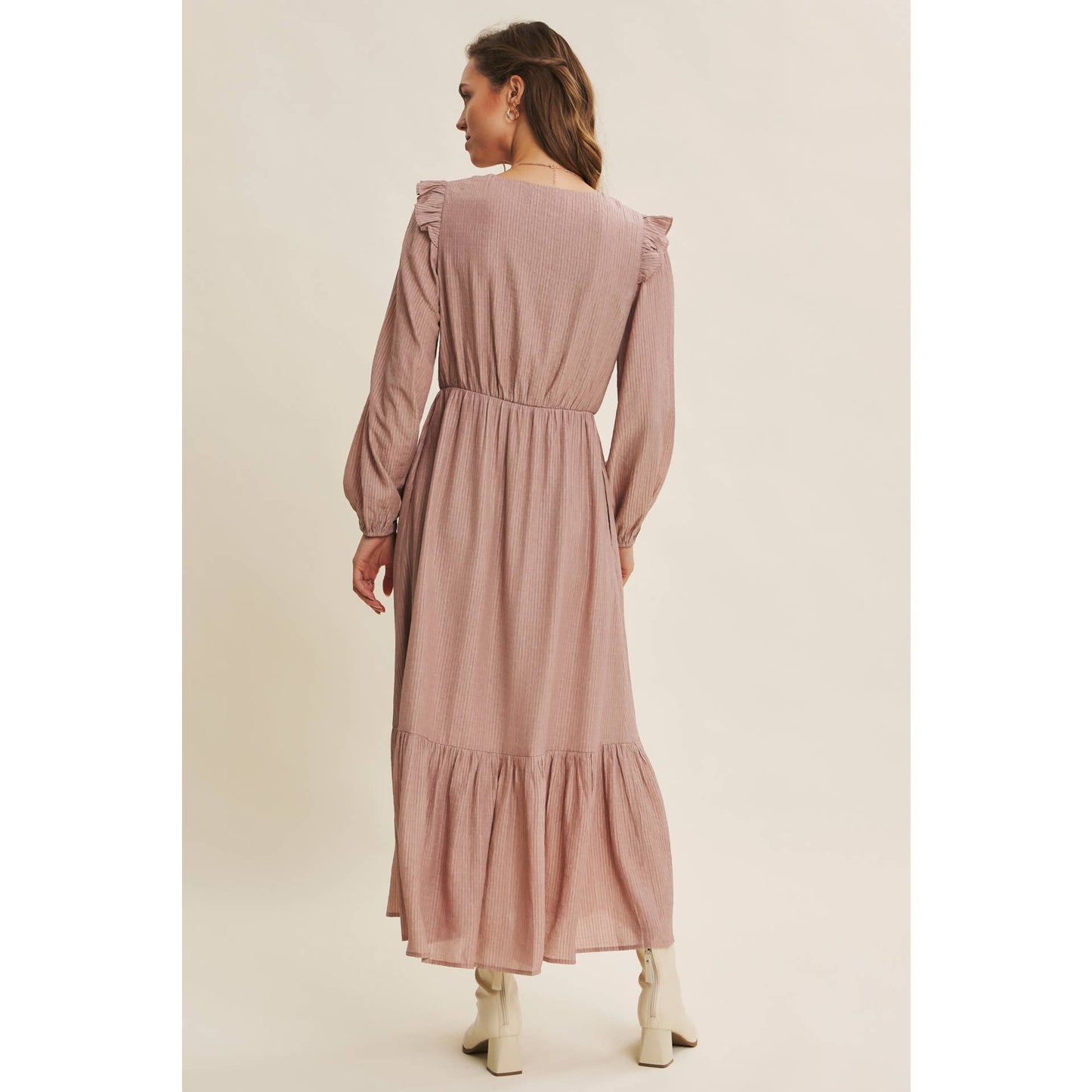 ROMANTIC TWIST OF TEXTURED BUTTON-DOWN MAXI DRESS: SILVER PINE / S