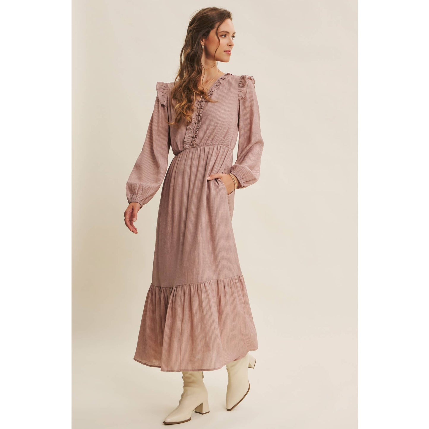 ROMANTIC TWIST OF TEXTURED BUTTON-DOWN MAXI DRESS: SILVER PINE / L