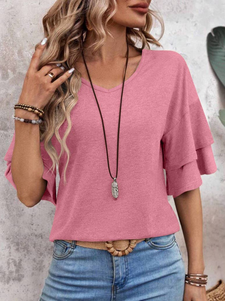 Summer V-Neck Ruffle Sleeve Loose Short-Sleeved T-Shirt: Pink