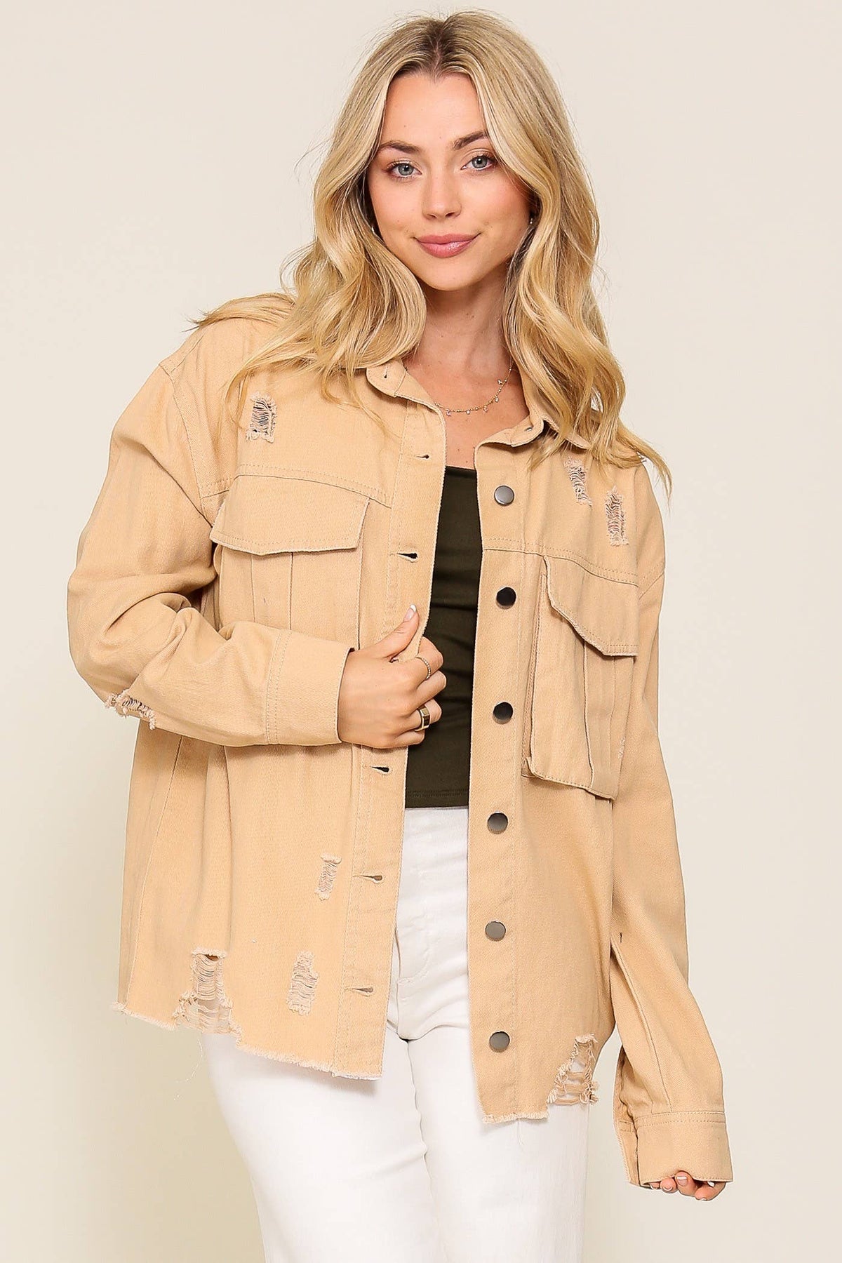 Distressed Oversized Denim Jacket: D.Mauve / L