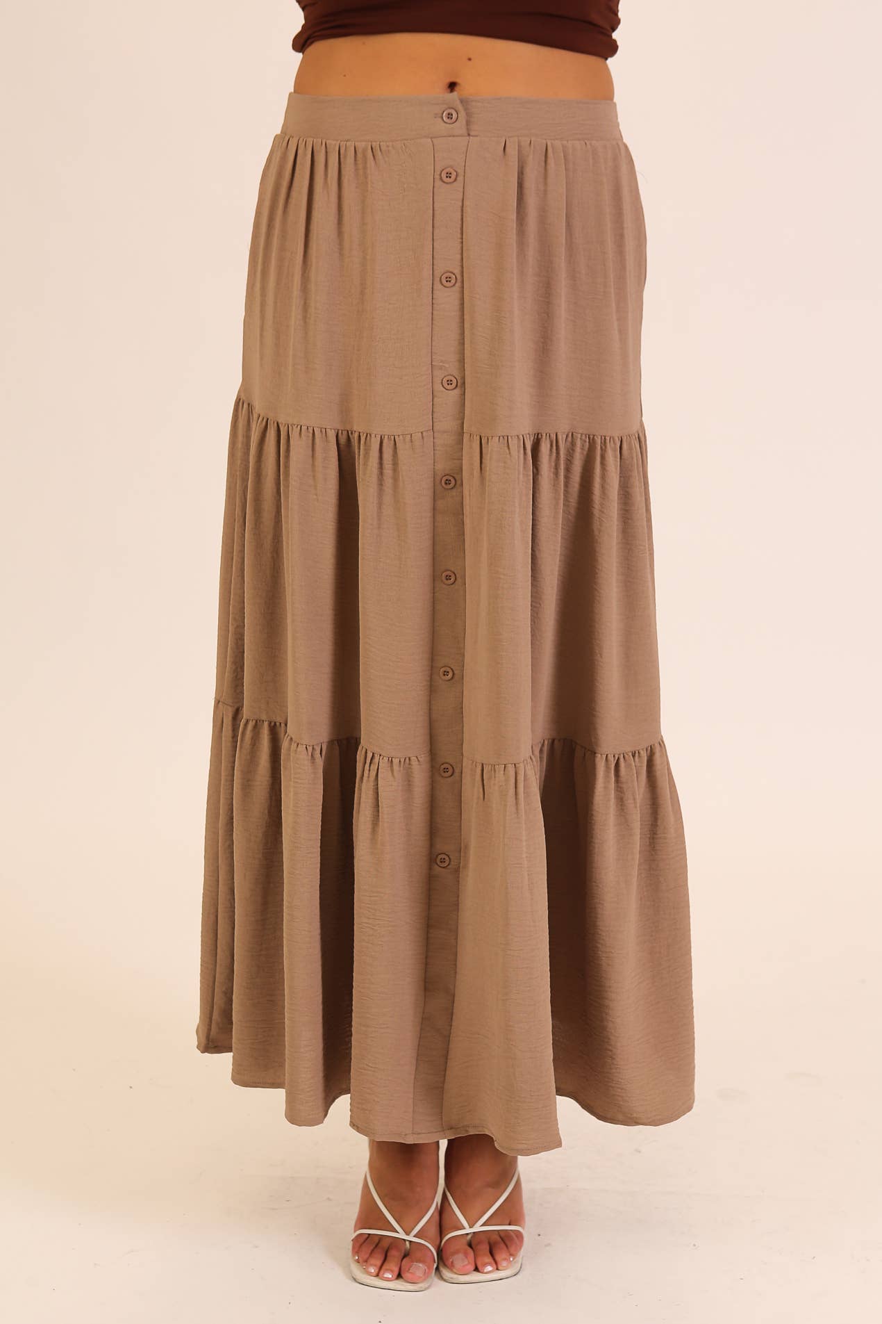 Button Front Tiered Maxi Skirt: Khaki / M