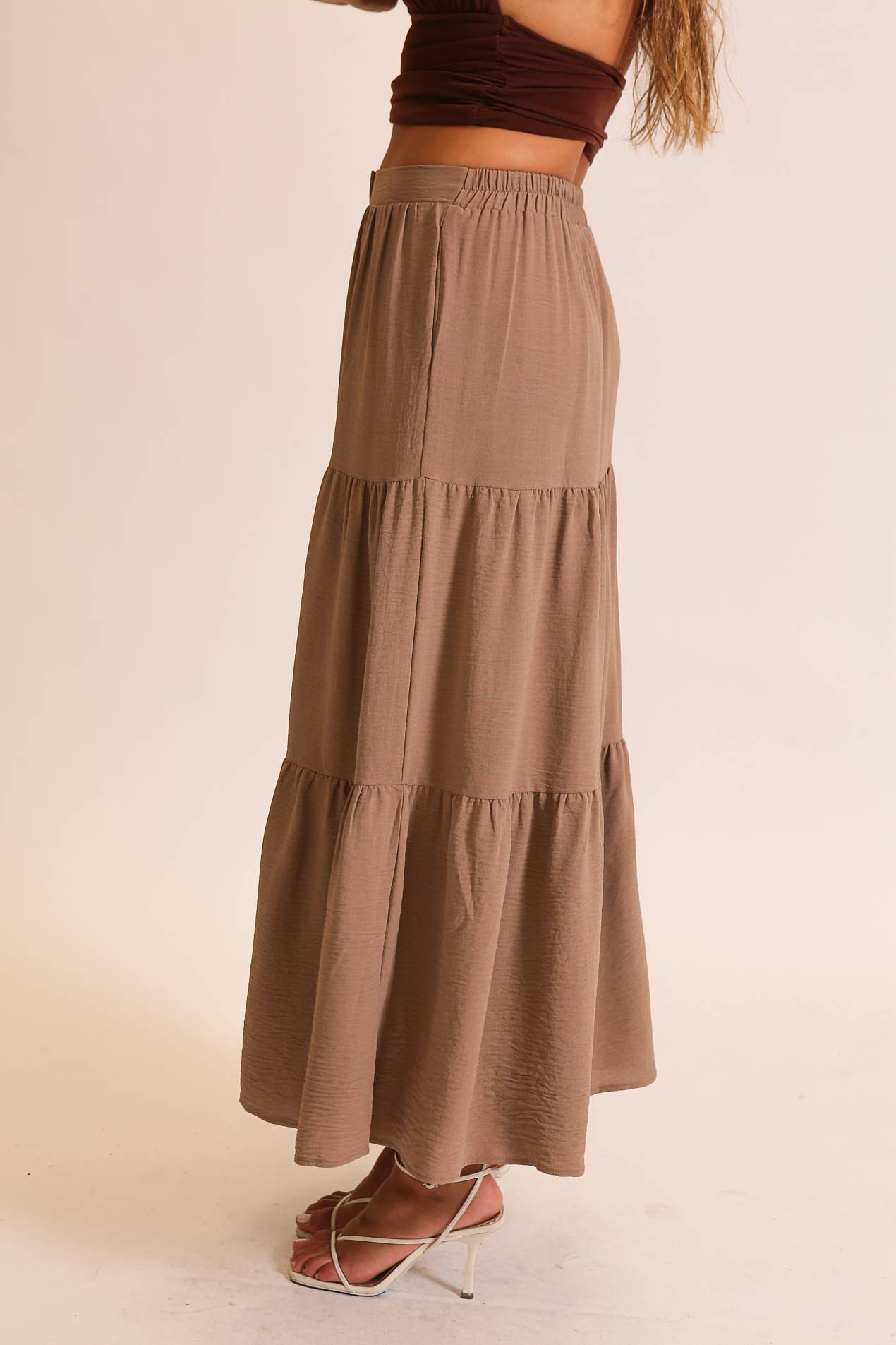 Button Front Tiered Maxi Skirt: Khaki / L