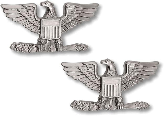 COLONEL EAGLE SILVER NICKEL UNIFORM COLLAR BRASS PINS INSIGNIA EMBLEM ARMY MILITARY POLICE, SMALL 1" x 1/2" (Sold as PAIR, 2 Included !)