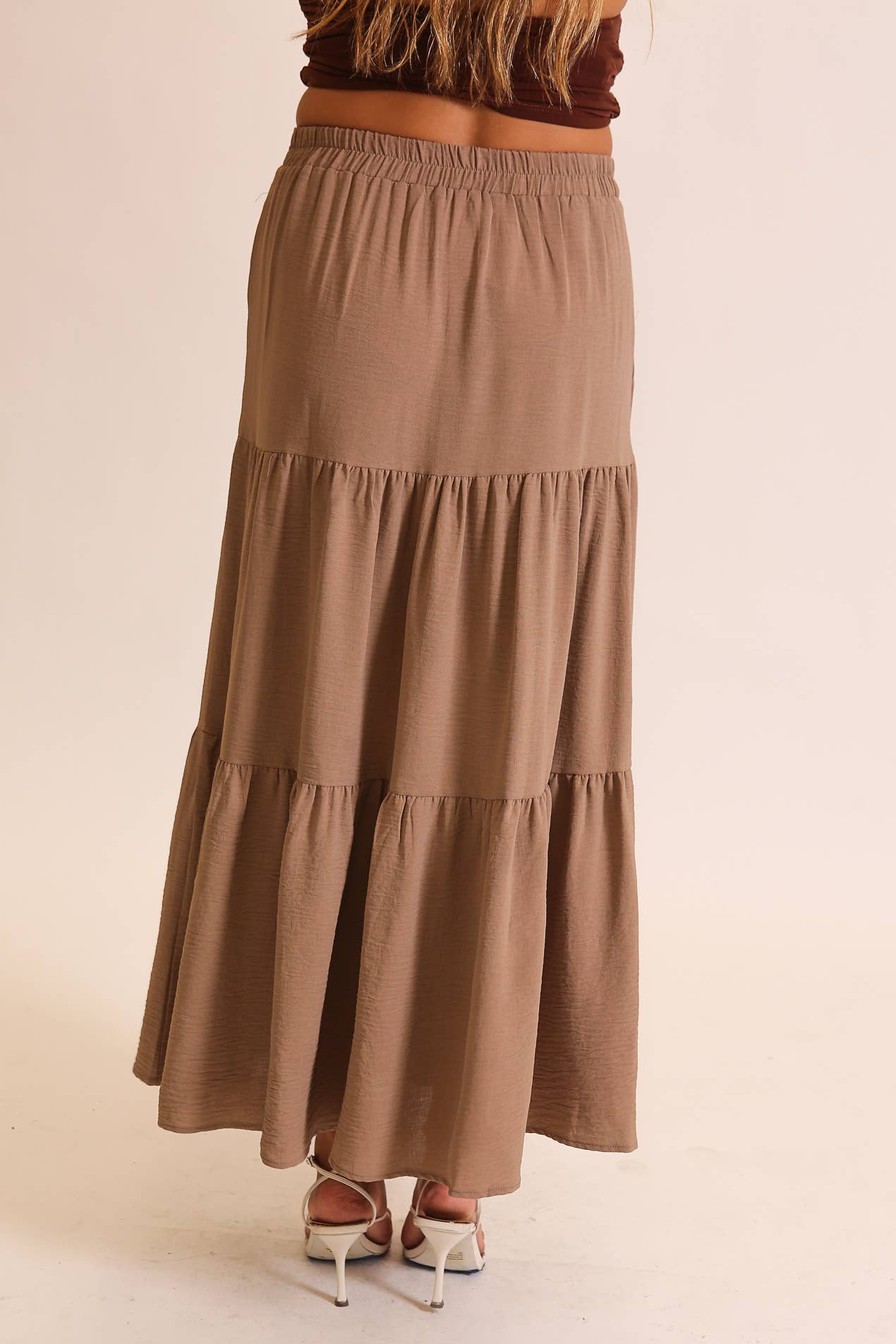 Button Front Tiered Maxi Skirt: Khaki / M