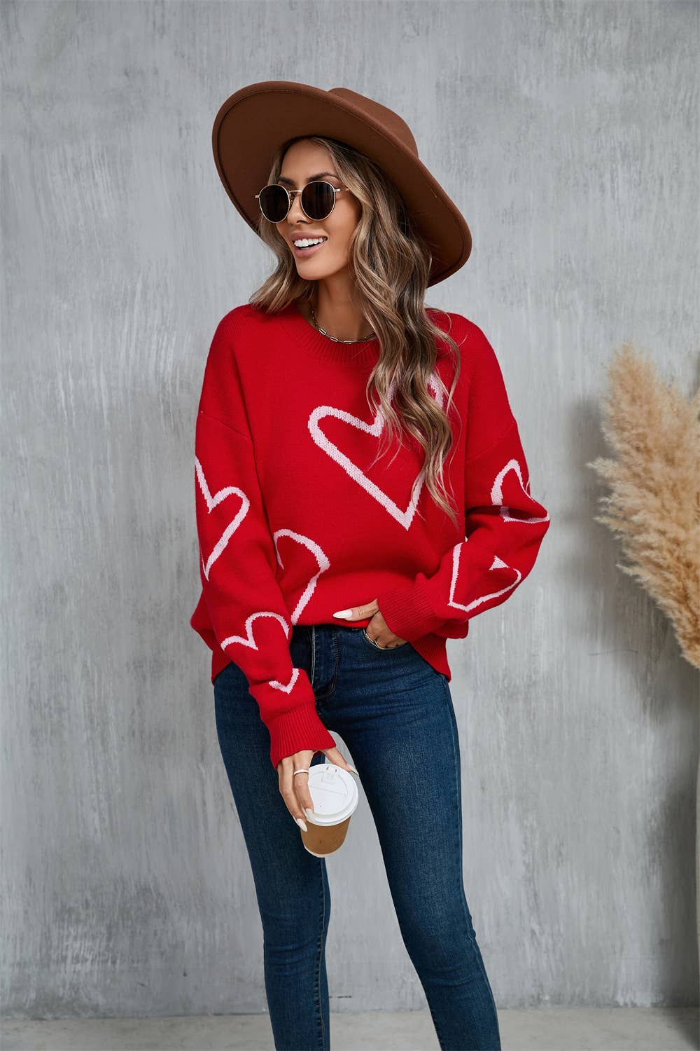 Valentine's Day color contrast heart pullover sweater: RED / (L) 1