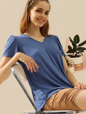 SOLID V NECK SHORT TULIP SLEEVE TUNIC TOPS: