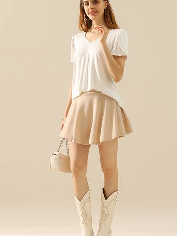 SOLID V NECK SHORT TULIP SLEEVE TUNIC TOPS: