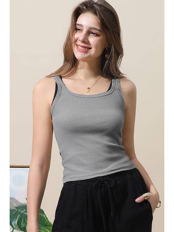 SOLID RIB KNIT BASIC CAMI TANK TOP: DENIM / (L) 1