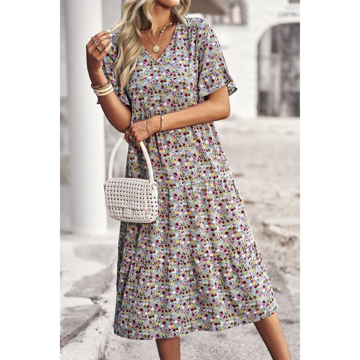 Boho Floral Ruffle Hem V Neck Short Sleeve Dress: BEIGE