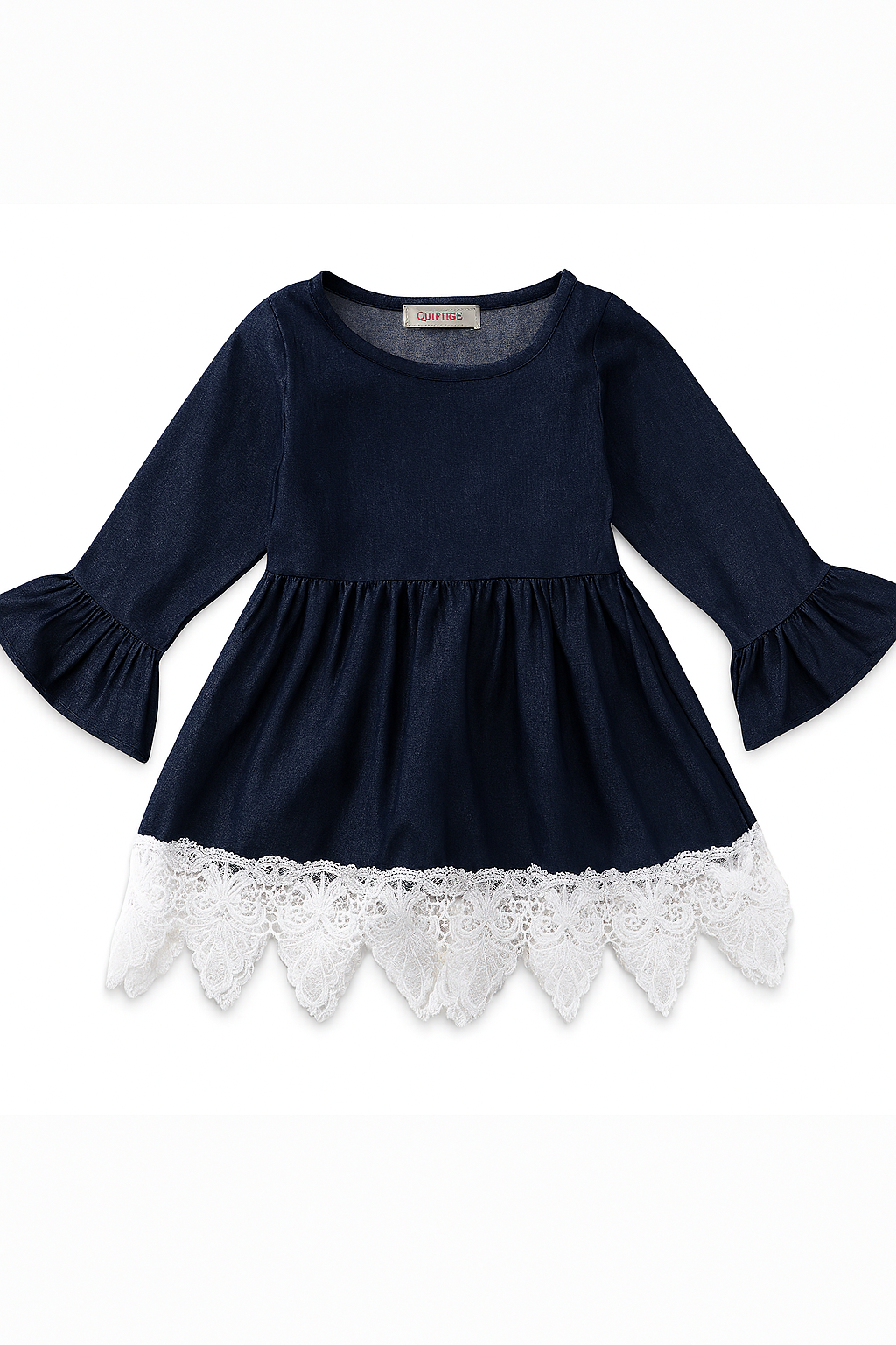 Denim Bell Sleeve Lace Trim Girl Dress :