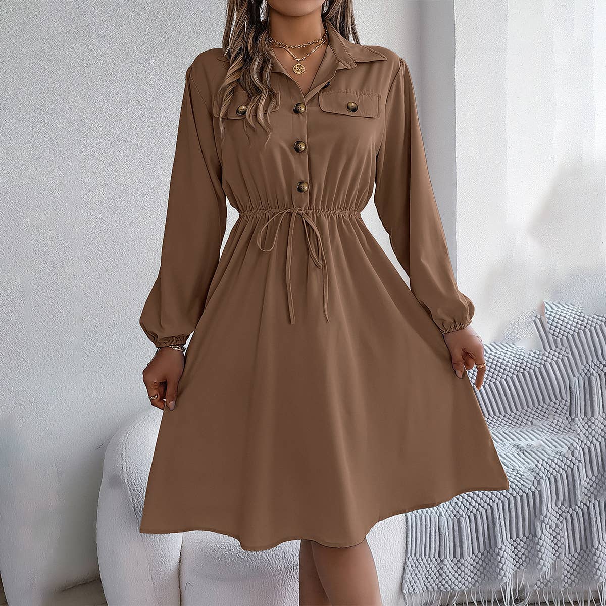 CASUAL BUTTON-UP WAIST LONG SLEEVE SHIRT DRESS: LIGHTBLUE / (XL) 1