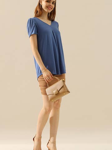 SOLID V NECK SHORT TULIP SLEEVE TUNIC TOPS: