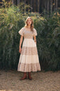 DAYDREAM PATCHWORK FLORAL SMOCKED TIERED MIDI DRESS: NATURAL/TAUPE / S