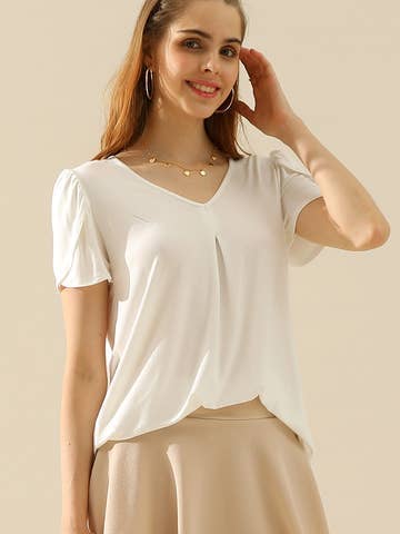 SOLID V NECK SHORT TULIP SLEEVE TUNIC TOPS: