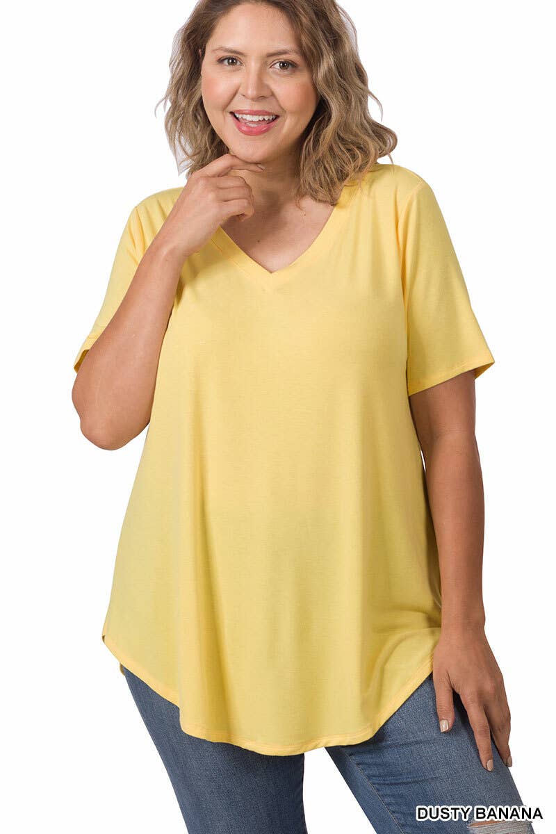 ',...[PLUS SIZE] SHORT SLEEVE V-NECK ROUND HEM TOP: MOCHA-55707 / 3X