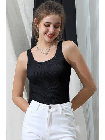 SOLID RIB KNIT BASIC CAMI TANK TOP: Black / (XL) 1