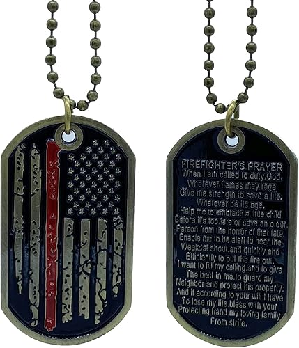 Red line American Flag Design Firefighter Challenge Coin, Fireman Prayer Dog Tag Necklace