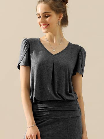 SOLID V NECK SHORT TULIP SLEEVE TUNIC TOPS: