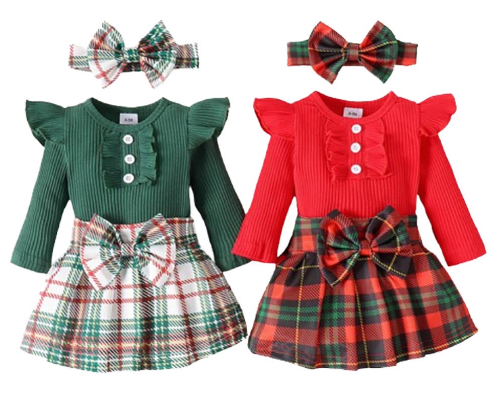 Plaid Ruffled Baby Dress & Headband: Green