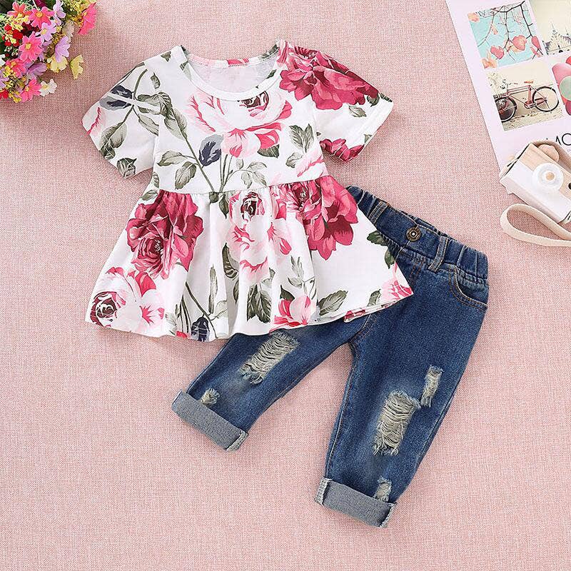 2-Piece Baby Girl 95% Cotton Ripped Denim Jeans & Floral Top: Multi-color / 6-9 Months