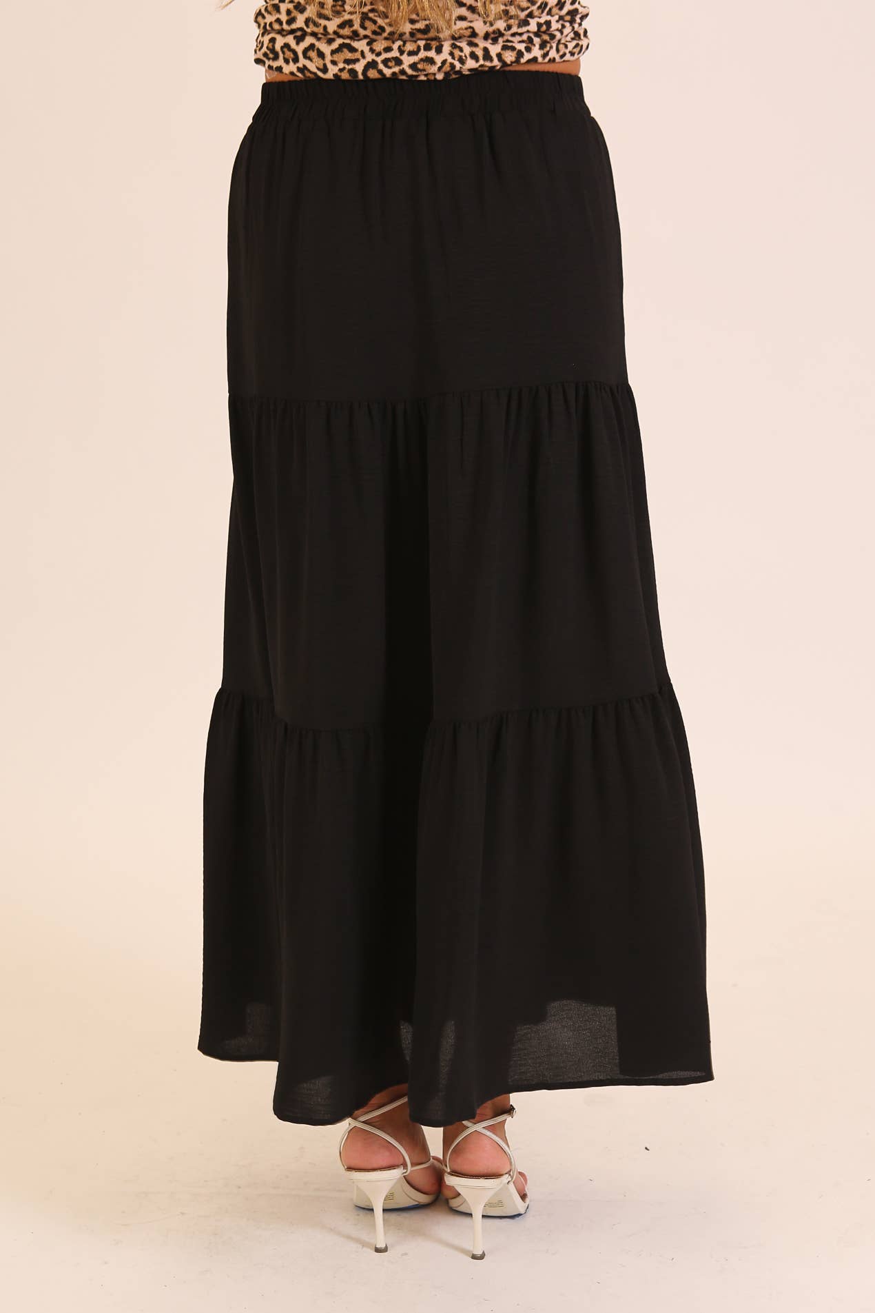 Button Front Tiered Maxi Skirt: Khaki / M
