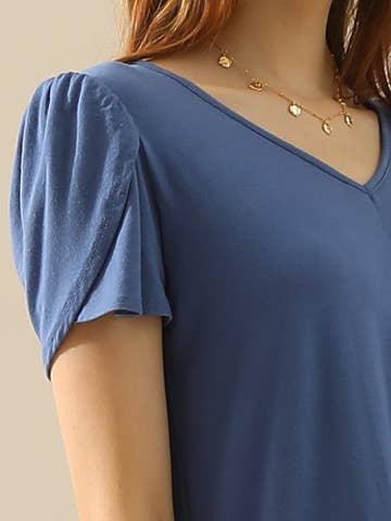 SOLID V NECK SHORT TULIP SLEEVE TUNIC TOPS:
