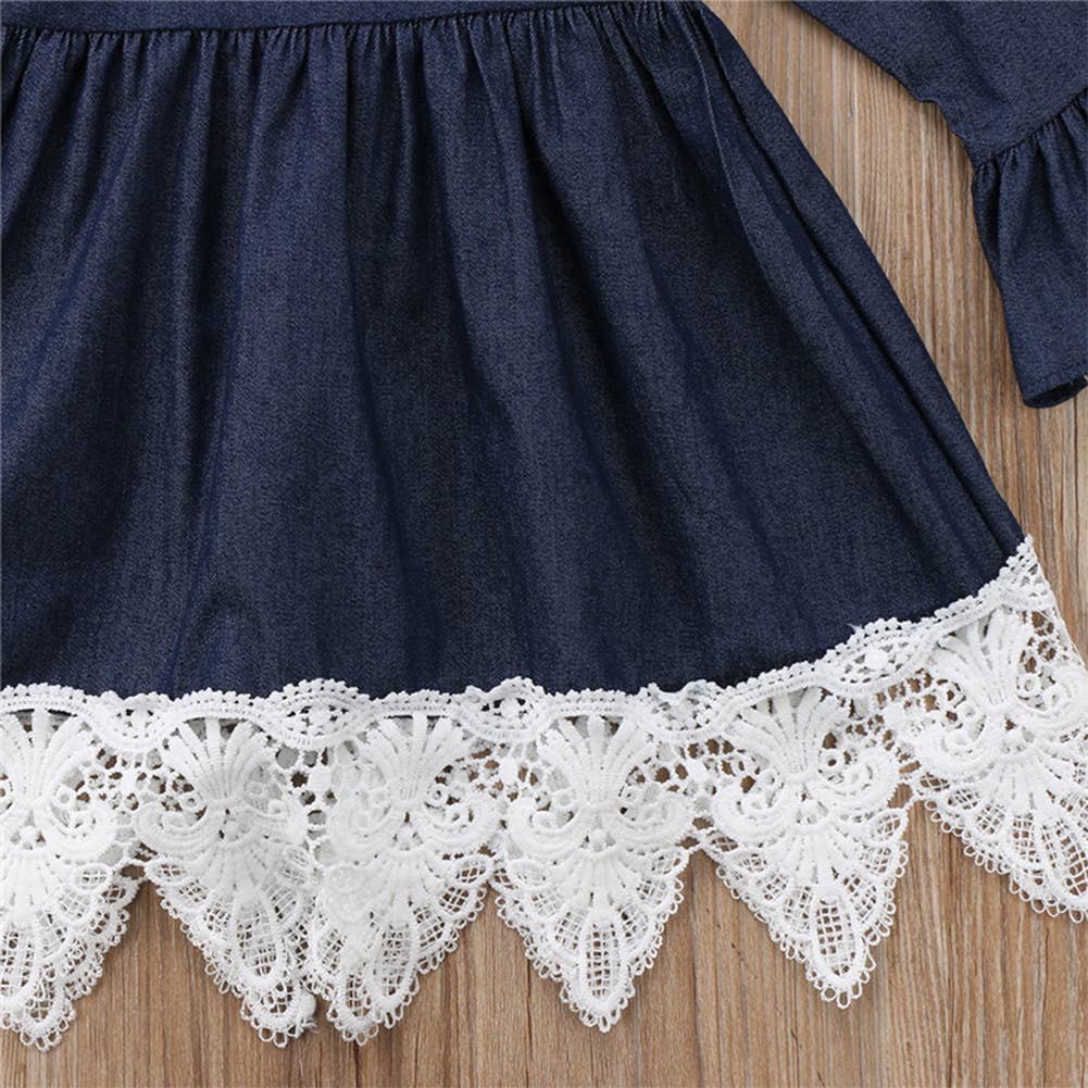 Denim Bell Sleeve Lace Trim Girl Dress :