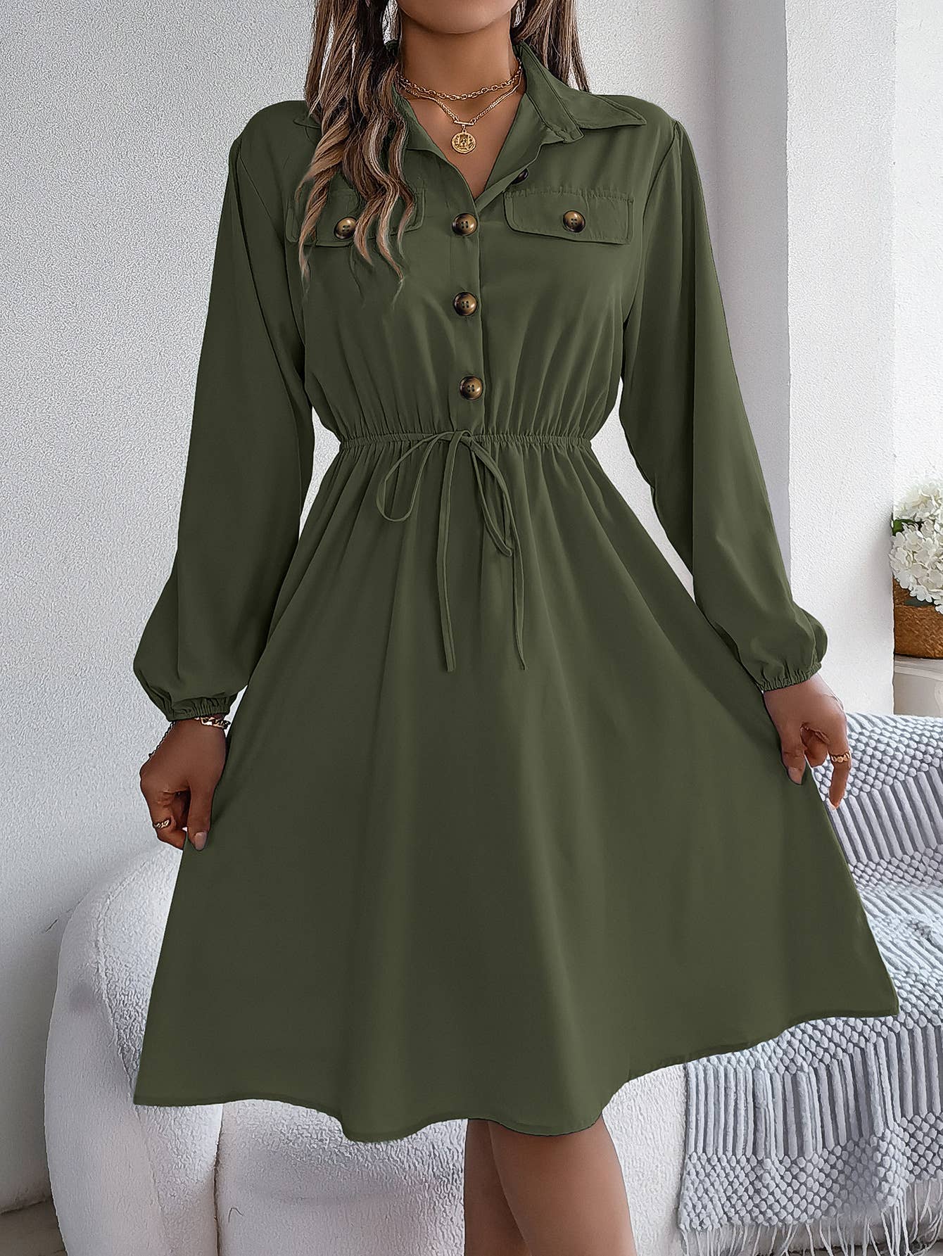 CASUAL BUTTON-UP WAIST LONG SLEEVE SHIRT DRESS: WINE / (M) 1