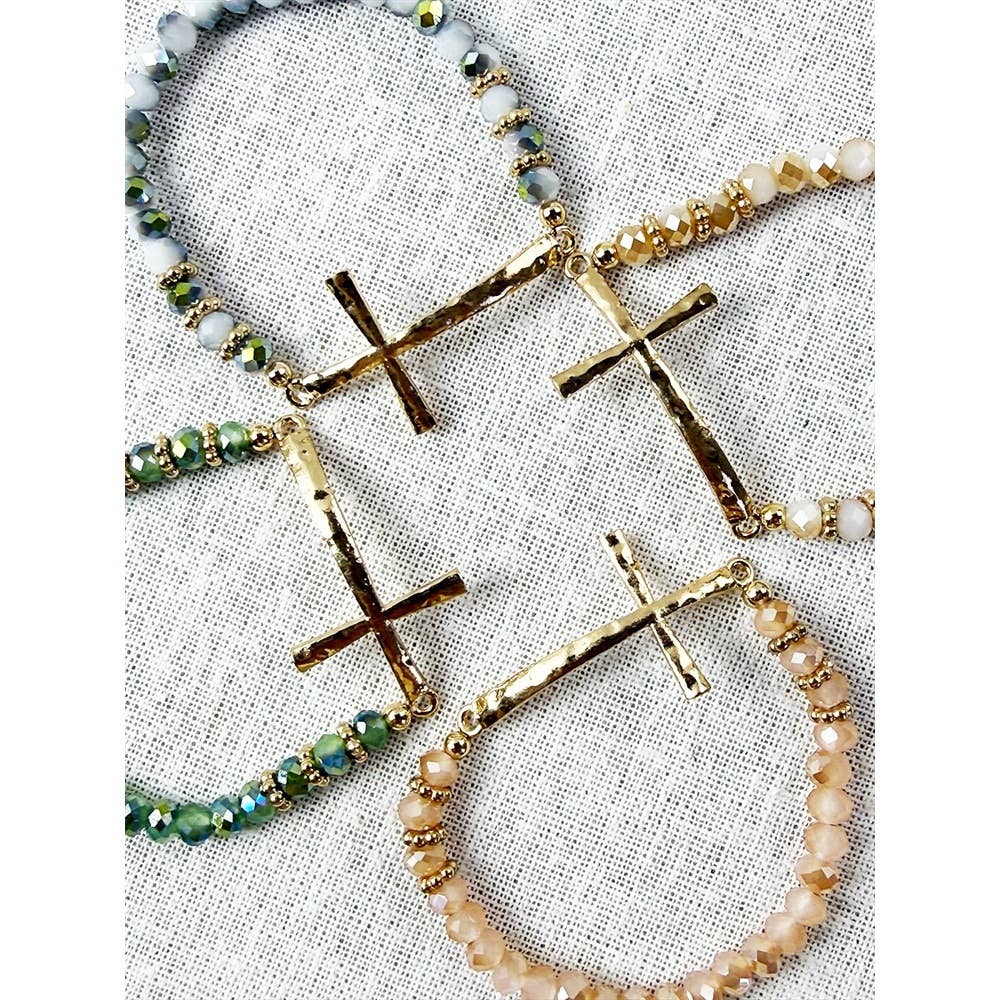 Hammered Cross Bead Stretch Bracelet