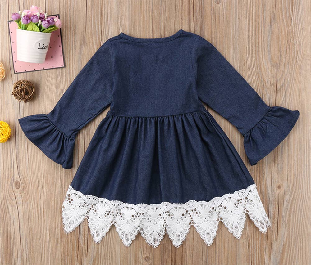 Denim Bell Sleeve Lace Trim Girl Dress :