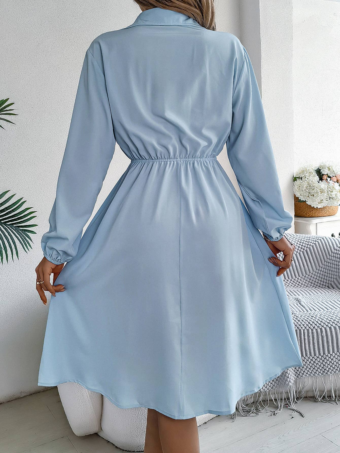 CASUAL BUTTON-UP WAIST LONG SLEEVE SHIRT DRESS: LIGHTBLUE / (S) 1