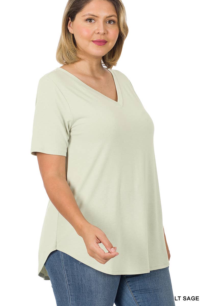 ',...[PLUS SIZE] SHORT SLEEVE V-NECK ROUND HEM TOP: MOCHA-55707 / 3X